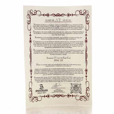 Image for Springbank 21 Year Old Single Cask 2016 - Ping No. 12  Juul`s 90th Jubilee
